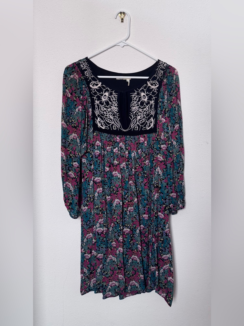 Floreat Navy Floral Long-Sleeve Dress with Embroidered Yoke